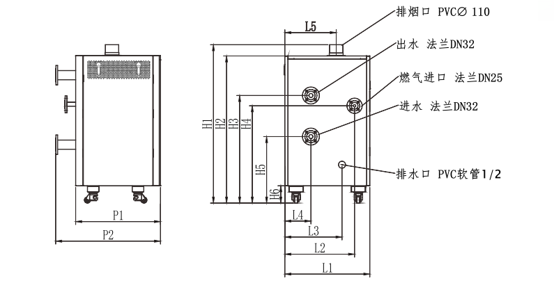 99KW撬裝供熱機(jī)組商用冷凝鍋爐外型尺寸圖